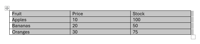 Selected table in Word